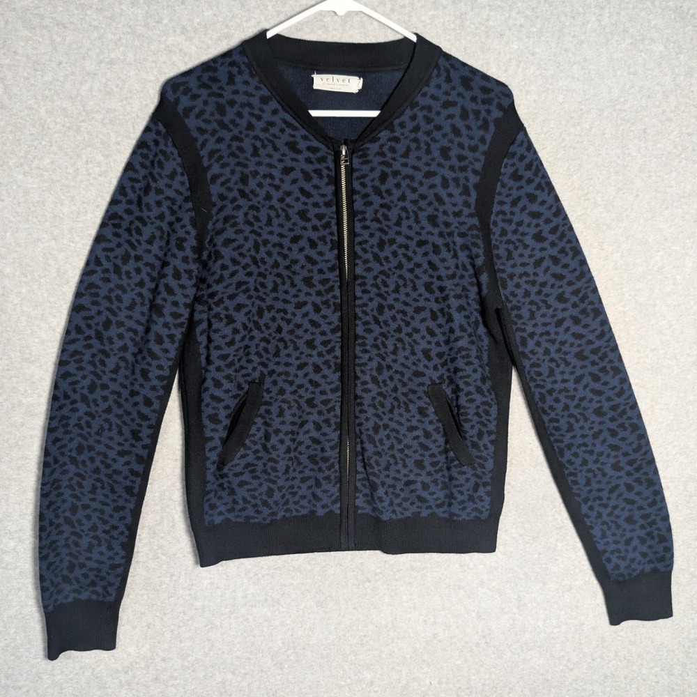 Velvet by Graham & Spencer Zip Up Cardigan Womens XL Blue Leopard Indie Sleaze